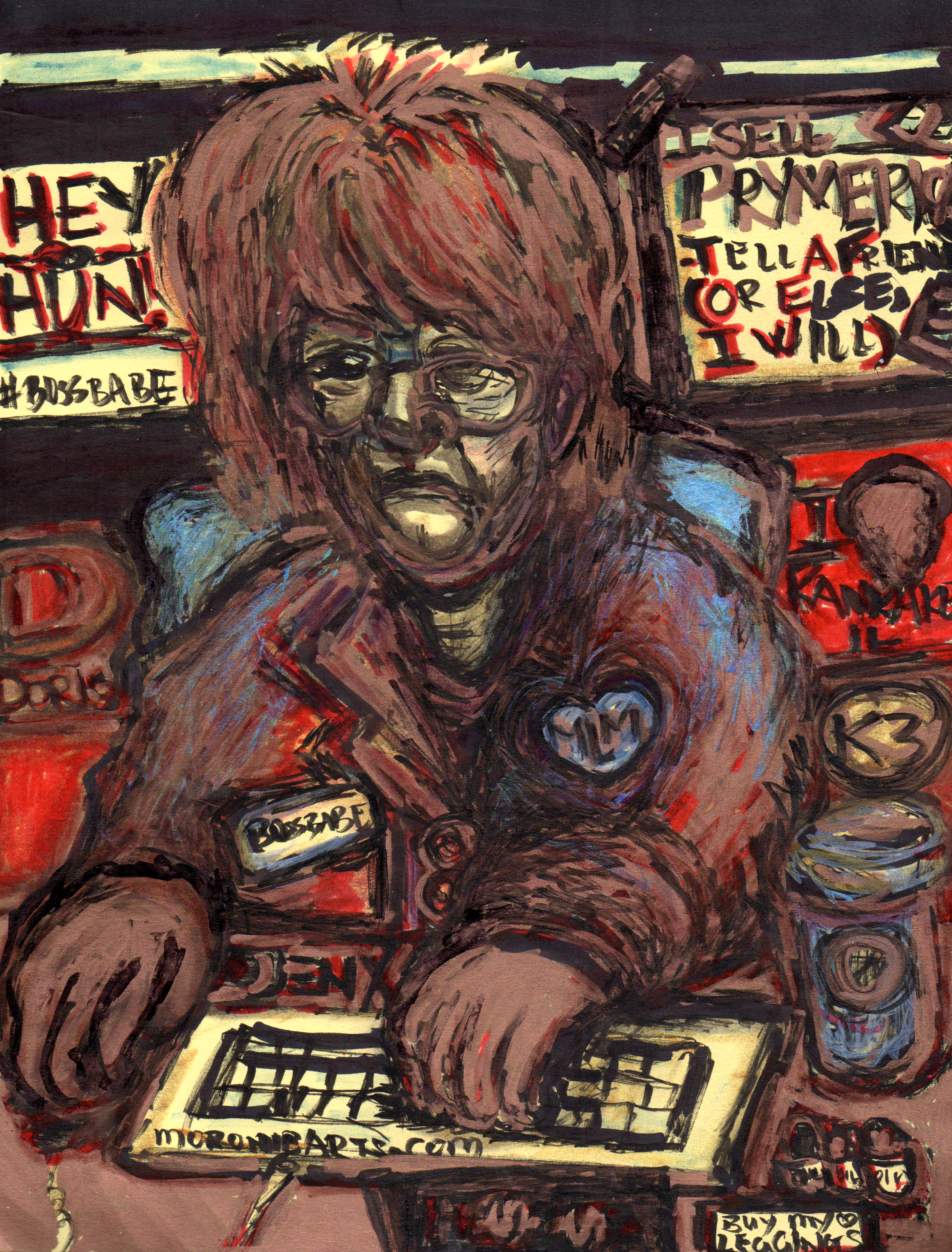 A full-color cartoon of an elderly woman sitting at her computer. 
Text: Hey hun. I sell Prymerica. Tell a friend (or else I will.) 
