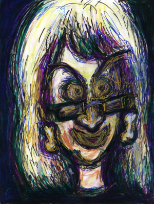 image: cartoon of a blonde, older woman wearing glasses and dog-bone earrings expressing delight.